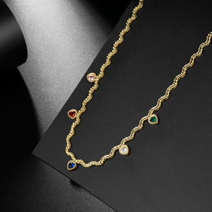 Hipunk Women Gold Plated Stainless Steel Wave Rope Chain Collar Necklace with Colorful Zirconia Flower Heart Charms Choker, Adjustable 16+2 Inch - color: heart