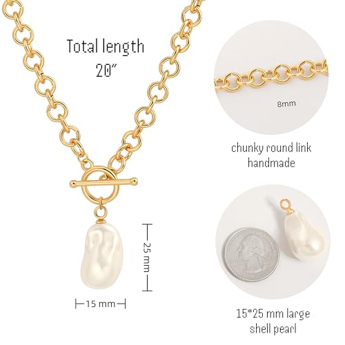 18k Gold Plated Chain Link Necklace for Women, Baroque Pearl/Compass Pendant Necklace - color: Baroque pearl