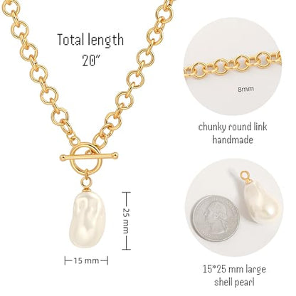 18k Gold Plated Chain Link Necklace for Women, Baroque Pearl/Compass Pendant Necklace - color: Baroque pearl