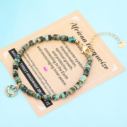 Natural Gemstone Healing Crystal Dainty Charms Bracelet Adjustable Chain Extender Minimalist Jewelry - color: African Turquoise + Happy face
