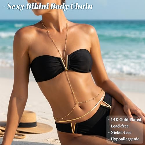 Body Chains for Women Sexy Layered Belly Waist Chains | 14K Gold Plated,Crossover Bikini Bra Chain, Adjustable Beads Chest Chain ,Summer Beach Rhinestone Nightclub, Body Jewelry - style: style B