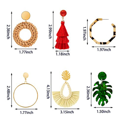 Ponpon 6-18 Pairs Earrings for Women, Lightweight Summer Earrings Straw Earrings Fashion Geometric Statement Hoop Dangle Drop Earrings for Women - style: Style A - 6 Pairs