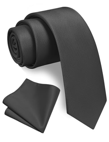 GUSLESON 2.4" Slim Necktie and Handkerchief Set For Men Solid Skinny Tie Set - color: Charcoal Grey