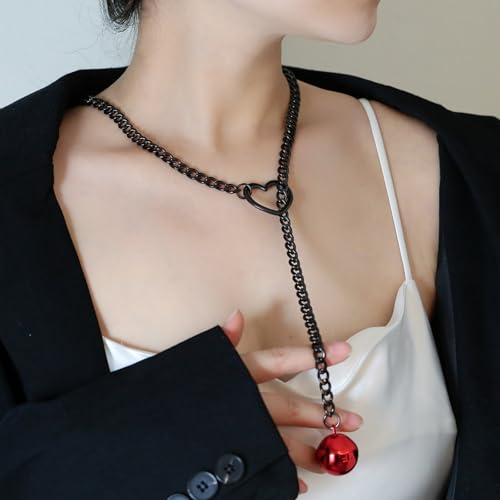 Slip Chain Choker for Women Handmade Black Stainless Steel Cuban Chain Chunky Moon Bat Raven Skull Pendant Gothic Punk Rock Collar Adjustable Lariat Y Necklace for Men - style: Red bell