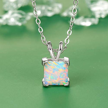 VOLUKA Created Opal/Amethyst/Mystic Topaz Pendant Necklace for Women,18K White/Rose Gold Plated Chain Wedding Engagement Jewelry Gift - color: F-Square opal necklace-w