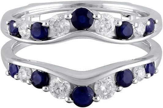 Round Cut Blue Sapphire wedding Enhancer Guard Wrap Ring, 2.20 Ctw, 14K White Gold Plated 925 Sterling Silver, for Women - color: white