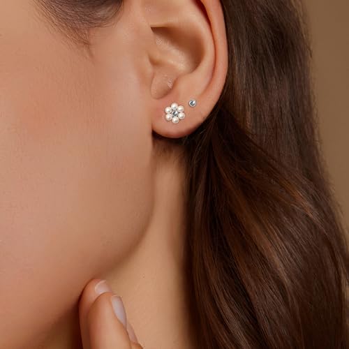 IMBOS Pearl Earrings 14k Gold Plated Daisy Flower Stud Earrings for Women Ball Stud Flat Back Earring Hypoallergenic Statement Earring Trendy Jewelry Gift for Women - color: Silver-Pearl Ball