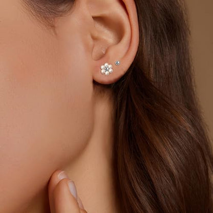 IMBOS Pearl Earrings 14k Gold Plated Daisy Flower Stud Earrings for Women Ball Stud Flat Back Earring Hypoallergenic Statement Earring Trendy Jewelry Gift for Women - color: Silver-Pearl Ball