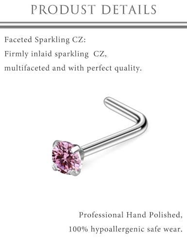 Hoeudjo Hypoallergenic Nose Rings Studs 24G Surgical Stainless Steel Cubic Zirconia Nose Studs for Women Men Screw & Bone & L Shaped Nostril Piercing Jewelry with 1.5mm 2mm 2.5mm 3mm CZ - color: silvertone(pink CZ),L-shaped nose studs