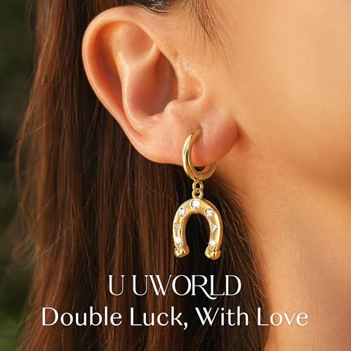 Gold Dangle Earrings for Women,Horseshoe Hoop Huggie Earrings with Heart Cubic Zirconia Hypoallergenic Lightweight Dangling Earrings Lucky Jewelry Gifts Perfect for Christmas,Birthday,Anniversary - style: Heart Horseshoe