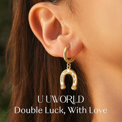 Gold Dangle Earrings for Women,Horseshoe Hoop Huggie Earrings with Heart Cubic Zirconia Hypoallergenic Lightweight Dangling Earrings Lucky Jewelry Gifts Perfect for Christmas,Birthday,Anniversary - style: Heart Horseshoe