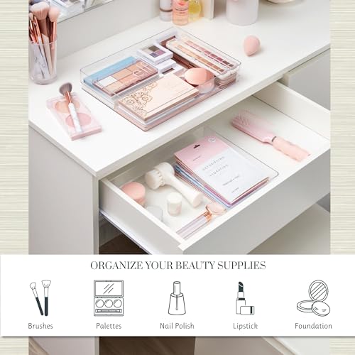 STORi SimpleSort 2-Piece Stackable Clear Drawer Organizer Set | 12" x 9" x 2" Rectangle Trays | Wide Makeup Vanity Storage Bins and Office Desk Drawer Dividers | Made in USA - size: 12x9x2"