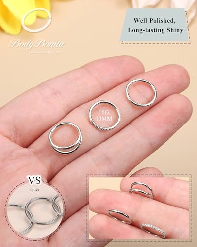 BodyBonita 3pcs Nose Rings Hoops - Double Hoop Nose Ring 14/16/18/20G Hinged CZ Piercing Jewelry Septum Clicker Rings Cartilage Earring Helix Rook Tragus Daith 7mm/8mm/9mm/10mm - color: Silver, size: 16 gauge(1.2mm)-10mm