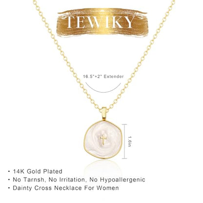 Tewiky Cross Necklace for Women 14k Gold Plated Cross Pendant Necklaces | Cute Necklaces for Women,Jewelry ,Graduation Gift for Her - color: Gold