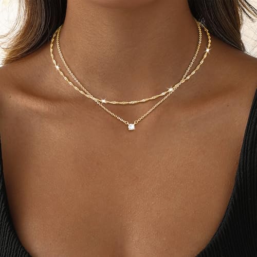 Dainty 14K Gold Plated/Silver Cubic Zirconia Diamond Necklaces for Women,Simple CZ Layered Gold Silver Necklaces Stack Trendy Jewelry Gifts - style: Layered Chain CZ-Gold