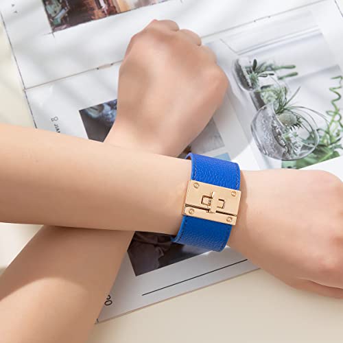 Rantanto Leather Wrap Bracelets For Women Gold Twist Lock Buckle Wrist Cuff | PU leather,Skin-friendly,Boho Stackable Wristband,Fashion Daily Jewelry,Trend Casual Party Bangle,Fit For Birthday, Holiday - color: Wide Royal Blue