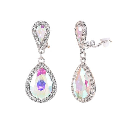 Classic Austrian Crystal Tear Drop Clip on Dangle Earrings for Women - color: ab,silver