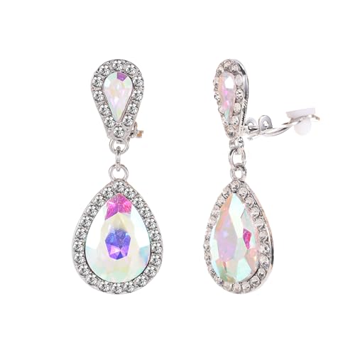 Classic Austrian Crystal Tear Drop Clip on Dangle Earrings for Women - color: ab,silver