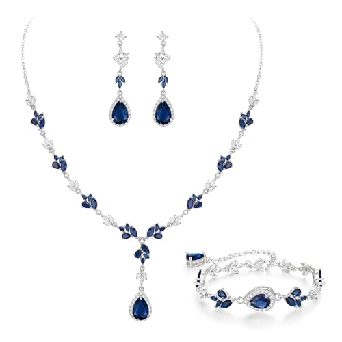 Teardrop Marquise Cubic Zirconia Wedding Prom Jewelry Set for Women Bridal | Silver/Gold/Rose Gold Plated, Pear Cut Pendant Necklace Drop Earrings Link Bracelet, for Bride Bridesmaid, for Banquet Party - style: A_Three Set, Blue