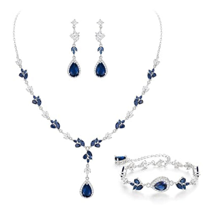 Teardrop Marquise Cubic Zirconia Wedding Prom Jewelry Set for Women Bridal | Silver/Gold/Rose Gold Plated, Pear Cut Pendant Necklace Drop Earrings Link Bracelet, for Bride Bridesmaid, for Banquet Party - style: A_Three Set, Blue