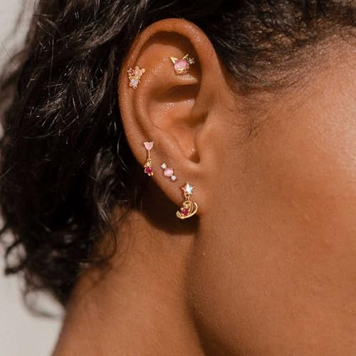 Sterling Silver Earrings Stacks for Women, Hypoallergenic Cartilage Earring | Dainty Stud Huggie Hoop Dangle Chain Earrings, 14K Gold/White Gold Plated - color: 5Pcs Sugar Bear(Single Earring Not a Pair)