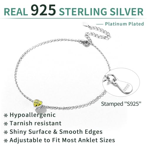 ChicSilver 925 Sterling Silver Anklets for Women, Simple Dainty Round/Heart Birthstone Ankle Bracelet Beach Foot Jewelry, 8.7-10.7 Inch Adjustable - color: 08. Heart - August(Peridot)