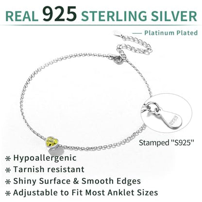 ChicSilver 925 Sterling Silver Anklets for Women, Simple Dainty Round/Heart Birthstone Ankle Bracelet Beach Foot Jewelry, 8.7-10.7 Inch Adjustable - color: 08. Heart - August(Peridot)