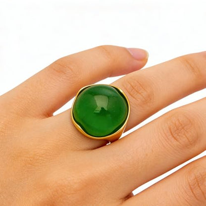 OIDIMS Green Cat Eye Stone Statement Ring for Women 18k Gold-Tone Plated Stainless Steel Geometric Round Gemstone Rings Wedding Knuckle Middle Finger Band Fashion Jewelry Comfort Fit Cocktail Party