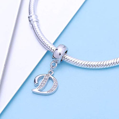 925 Sterling Silver Letter Charms Fits Pandora Bracelets, Gift for Women | A-Z Alphabet Initial Charm with CZ,Great gift for Christmas, Valentine's Day, Mother's Day. - color: D