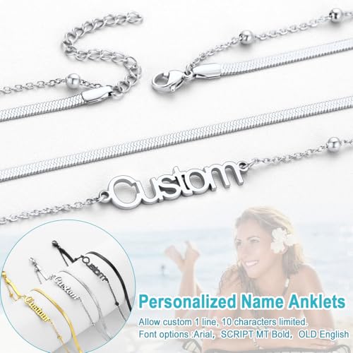 U7 Custom Layered Ankle Bracelets for Women Stainless Steel Bead/Cuban/Figaro/Rope/Wheat Chain Anklet Waterproof Anklet Jewelry for Beach Vacation - color: b-Silver-Herringbone Chain