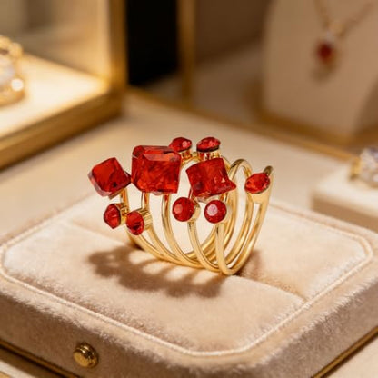 Big Geometric Cube Crystal Ring for Women Statement Geometry Rhinestone Open Rings Crystal Rhinestone Cocktail Ring CZ Fashion Classic Party Wedding Jewelry - color: Red