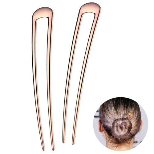 HYFEEL French Hair Pins - Metal Hair Fork Extra Long U Shaped Chignon 2-Prong Sticks for Women Bun Hair Accessories (Rose Gold - 2 Pcs) - color: Rose Gold - 2 Pieces