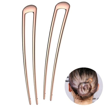 HYFEEL French Hair Pins - Metal Hair Fork Extra Long U Shaped Chignon 2-Prong Sticks for Women Bun Hair Accessories (Rose Gold - 2 Pcs) - color: Rose Gold - 2 Pieces