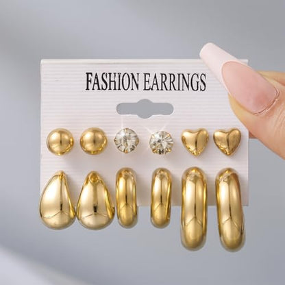 12-24pcs Handmade Crystal Heart CZ Earrings Pack Chunky Gold Earrings for Women Drop Stainless Steel Earrings Set - color: VC003/Drop12p/Gold