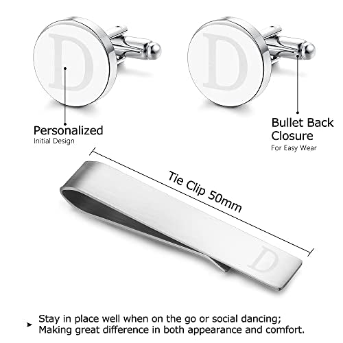 Initial Cuff Links Mens and Tie Clips for Men | Classic Silver Letter Alphabet A-Z Cufflinks and Tie Bar Set, Gifts for Men Father Husband for Formal Business Wedding - style: D