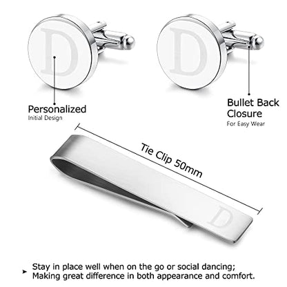 Initial Cuff Links Mens and Tie Clips for Men | Classic Silver Letter Alphabet A-Z Cufflinks and Tie Bar Set, Gifts for Men Father Husband for Formal Business Wedding - style: D