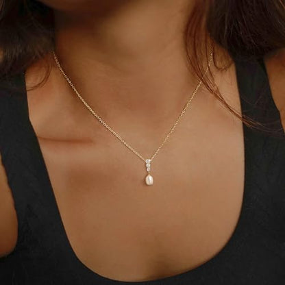 Pearl Necklaces for Women,Dainty Gold Pendant Necklaces Waterproof Jewelry | 14K Gold Plated Pearl Necklaces,Dainty Elegant Wedding Necklace,Small Cute Adjustable Minimalist Necklace,Non Tarnish Jewelry - color: GOLD-4