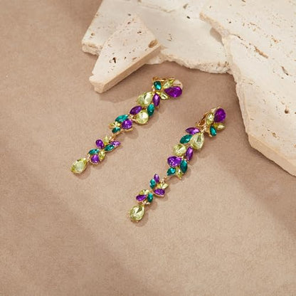 Crysdue Clip On Earrings for Women Rhinestone Crystal Teardrop Cluster Wedding Bridal Non Pierced Long Dangle Earring for Prom Party - color: Multicolor Gold Tone