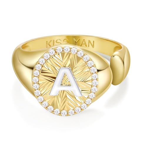 KissYan 14K Gold Plated Initial Ring for Women | Adjustable CZ Halo Letter Signet Ring, Personalized Monogram Statement Jewelry Gift, Tarnish Resistant - style: Letter A