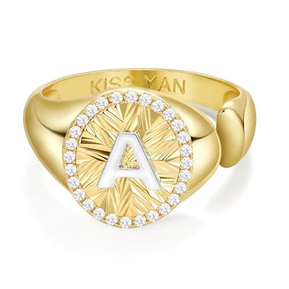 KissYan 14K Gold Plated Initial Ring for Women | Adjustable CZ Halo Letter Signet Ring, Personalized Monogram Statement Jewelry Gift, Tarnish Resistant - style: Letter A
