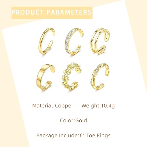GAUEIOUR Adjustable Toe Rings Gold for Women, Set of 6 Gold-Plated Toe Ring | Minimalist Summer Beach Party Casual Vacation Surf Zircon Inlay Fashion Open Stacking Foot Jewelry for Women