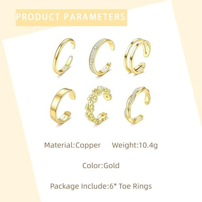 GAUEIOUR Adjustable Toe Rings Gold for Women, Set of 6 Gold-Plated Toe Ring | Minimalist Summer Beach Party Casual Vacation Surf Zircon Inlay Fashion Open Stacking Foot Jewelry for Women