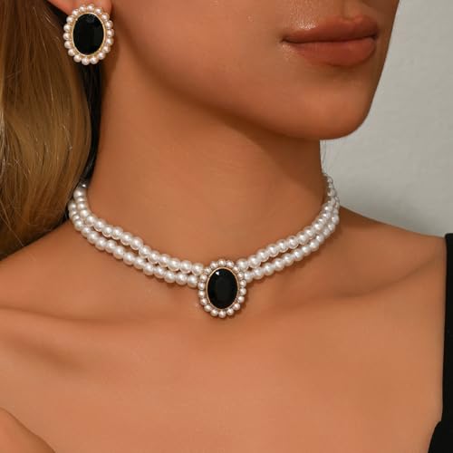 CSIYANJRY99 Pearl Necklace and Earring Set Faux Pearl Jewelry Sets for Women Imitation Beaded Pearl Necklace Bracelet Stud Earrings for Women - color: Blac Zircon Pearl Set