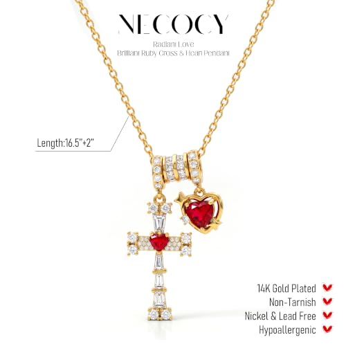 Cross Heart Necklace for Women, Elegant Red Gemstone Pendant Jewelry, Non Tarnish Hypoallergenic Necklace, Dainty Everyday Layering Chain for Her, Birthday Anniversary Graduation Gifts - color: Gold