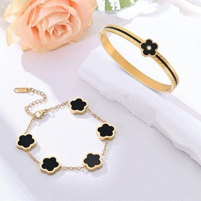 2pcs Stackable Bangle Bracelets 18K Gold Plated Lucky Clover Bracelet Stainless Steel Clover Jewelry Set Fashion Birthday Gifts for Women - color: Gold Black Stackable Bracelets