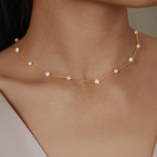 925 Sterling Silver Lariat Necklace for Women | Long 14K Gold Plated Y-Shaped Pearl Necklace CZ Crystal Ball Sparkle Necklace for Mother Daughter Bride Wedding Jewelry - color: Style 4-Gold