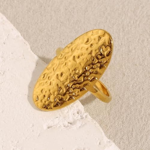 Adjustable Oval Hammered Statement Ring, 18K Gold Plated Stainless Steel Open Band, Textured Chunky Ring for Women, French Vintage Style