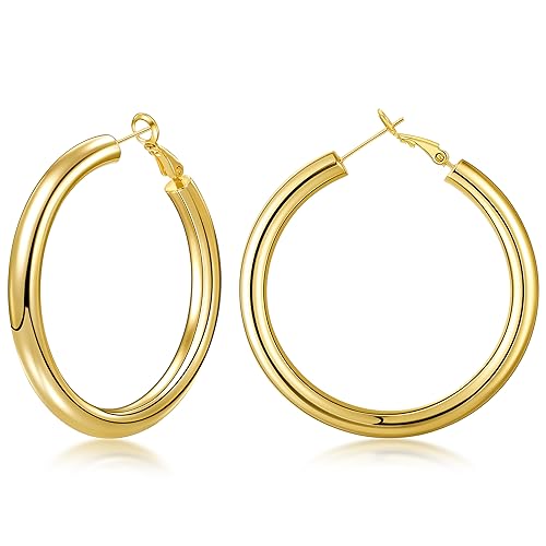 sovesi Chunky Hoop Earrings for Women, 14K Gold Plated Thick Hoops | 5mm Thick Hollow Tube Chunky Lightweight Hypoallergenic Hoop Earrings for Women - style: Gold 50MM