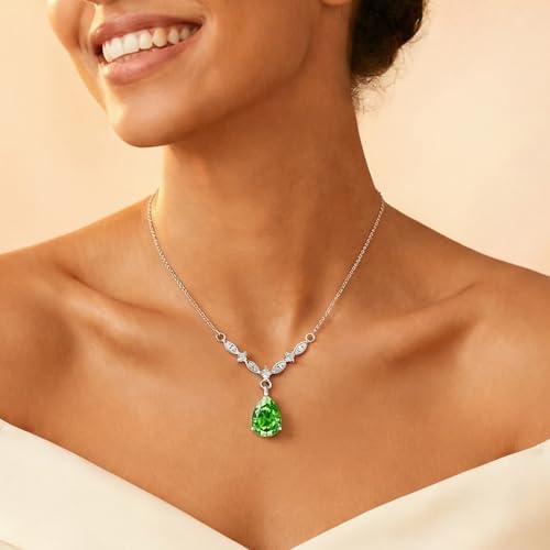 Platinum Plated Cubic Zirconia Teardrop Pendant Necklace Dangle Earrings Set, Silver Jewelry Set for Women,Wedding Jewelry Set for Bride,Bridesmaid Jewelry Gift, Gift for Valentine's Day, Birthday - color: Green