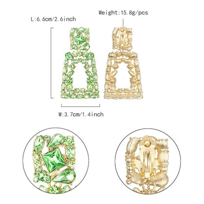 Flyonce Rectangle Clip-on Drop Earrings for Women, Sparkly Rhinestone Crystal Geometric Statement Non Pierced Earring Wedding Prom Party Jewelry for Brides Bridesmaid - color: Light Green